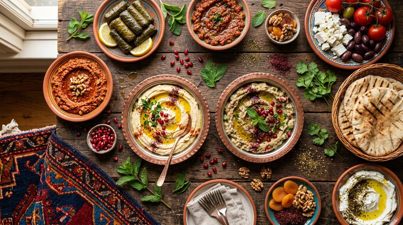 Traditional Turkish mezze spread with copper bowls, pomegranate seeds, and fresh herbs